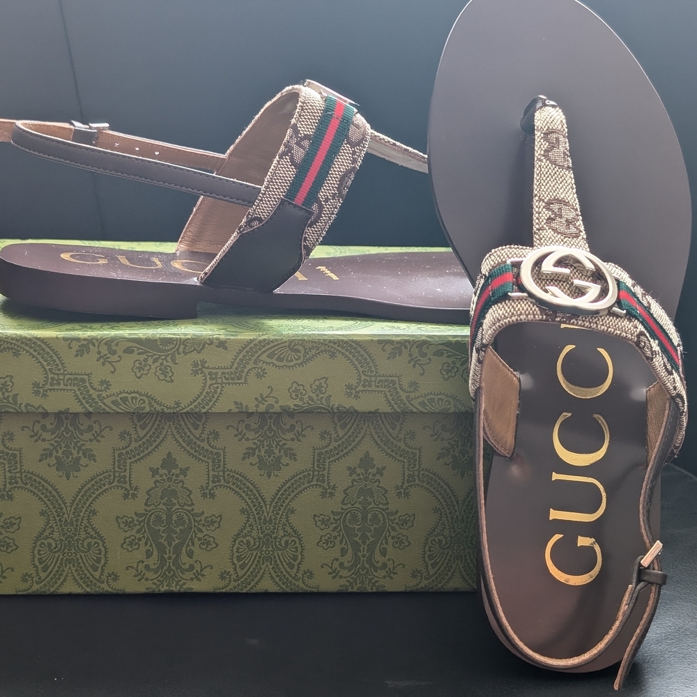 Gucci Brown Sandals with Gold Accents